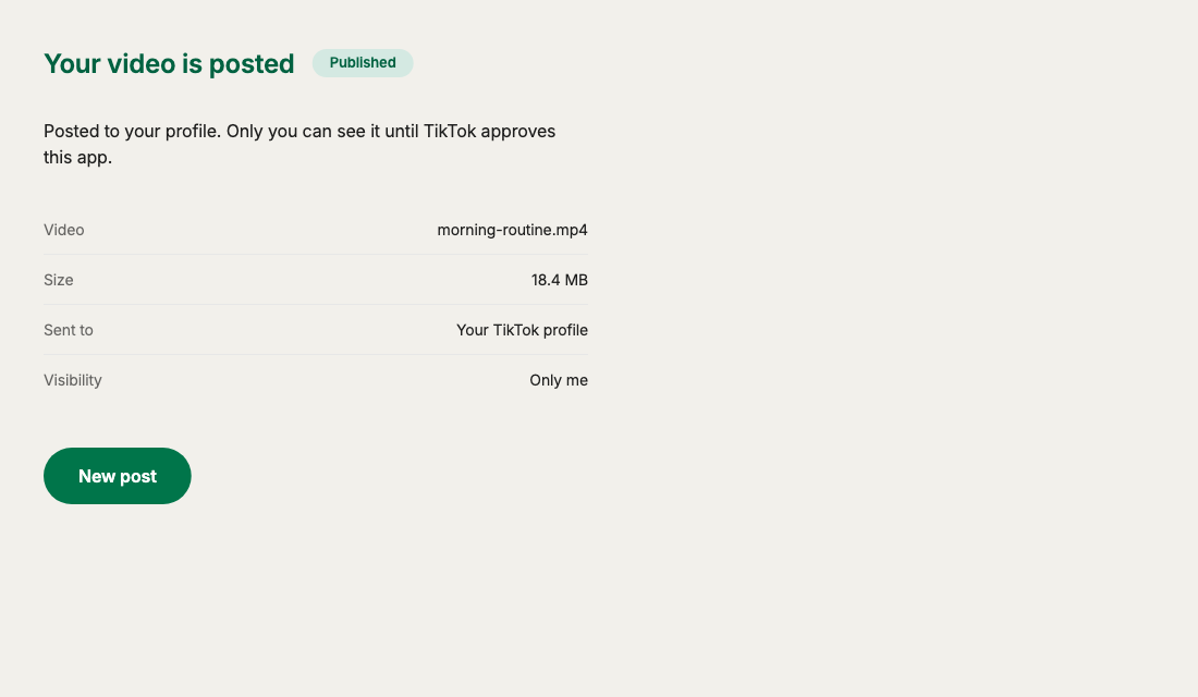 The status screen showing the post as published